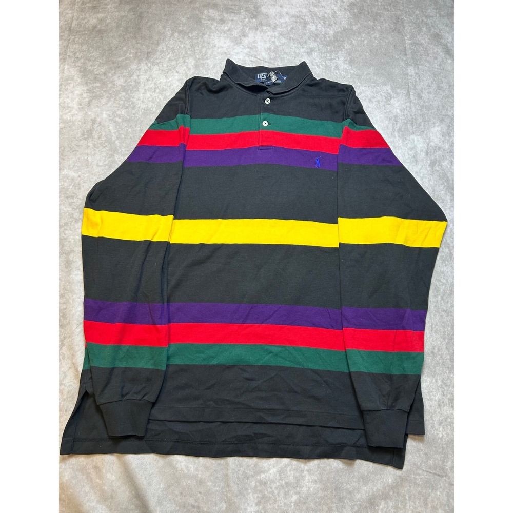 Polo Ralph Lauren Mens XL Black Multi Color Stripe Long Sleeve Polo Shirt Retro